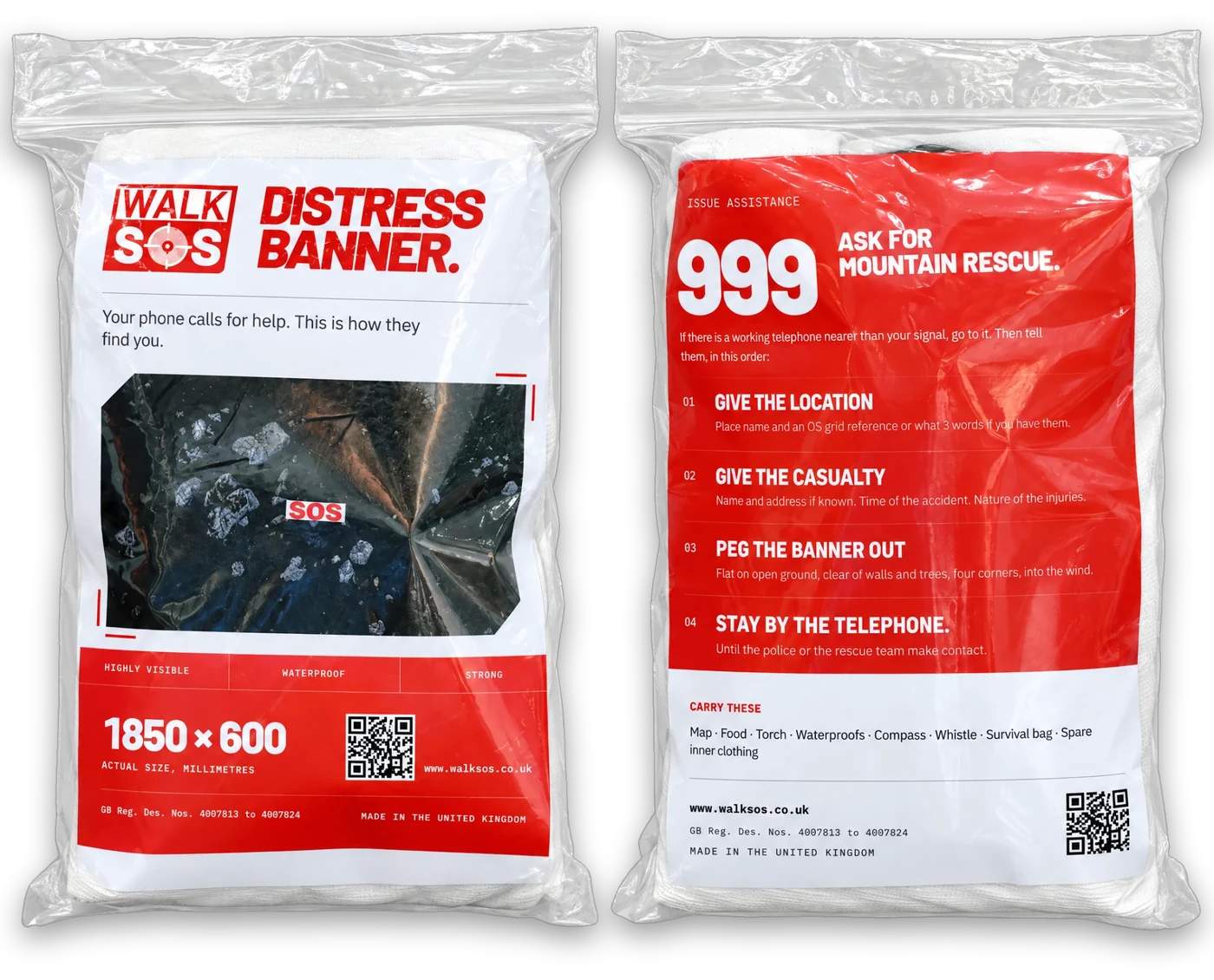 The product as supplied: two resealable bags side by side, the folded white banner
                  inside each. The front bag carries the WalkSOS mark, Distress Banner, and 1850 by 600
                  millimetres; the back one carries 999, ask for Mountain Rescue, and the four steps.