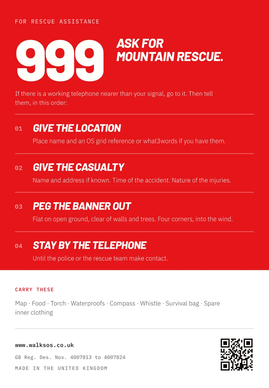 The back of the card in the bag: 999, ask for Mountain Rescue, then four numbered
                    steps — give the location, give the casualty, peg the banner out, stay by the
                    telephone — a list of kit to carry, and the registered design numbers.