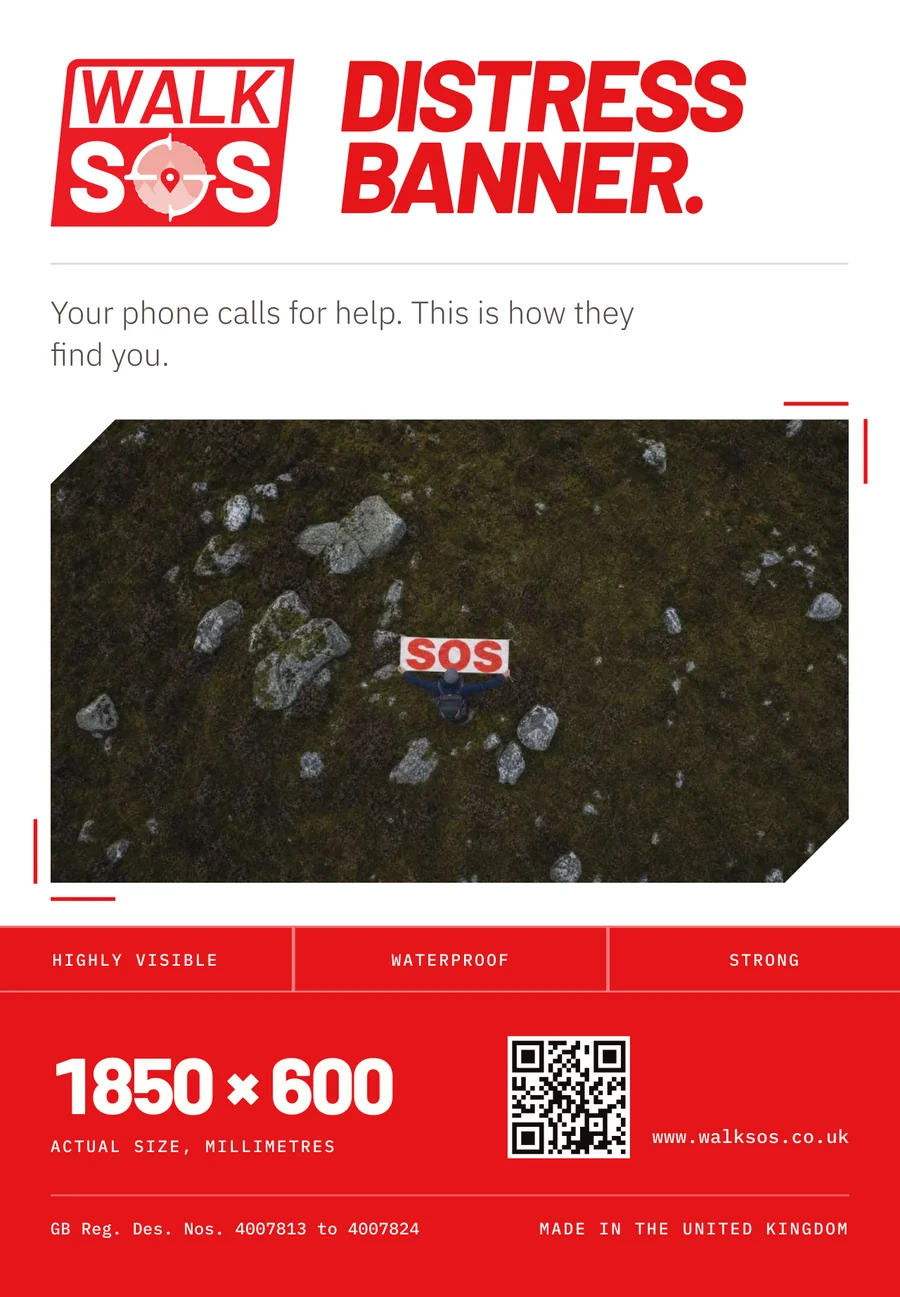 The front of the card in the bag: the WalkSOS mark, the words Distress Banner, a
                    photograph of the banner pegged out on open ground, and 1850 × 600 across the foot.